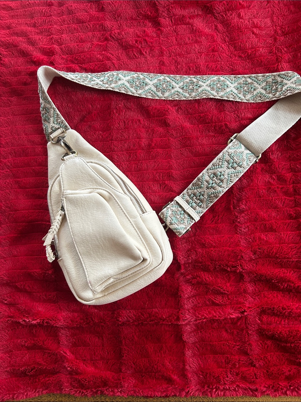 Cream Crossbody Sling Bag with Patterned Strap Antik Kraft